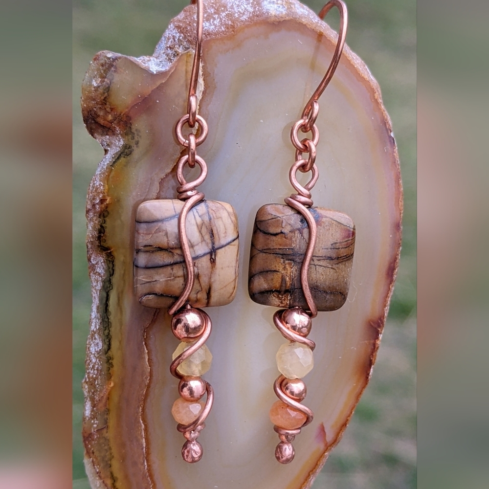 Desert Vibes Jasper Earrings Artisan Copper Wire Wrapped Design - Picture 9 of 12